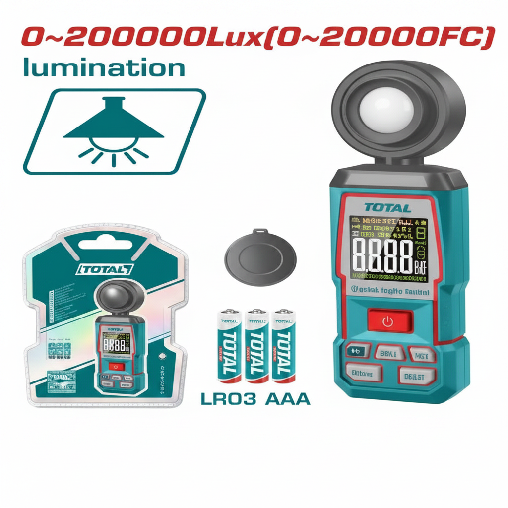 TOTAL Digital Light Luxmeter TETLU031 with LCD display, sensor head, lens cap and 3x LR03 AAA batteries – 0~200,000 Lux