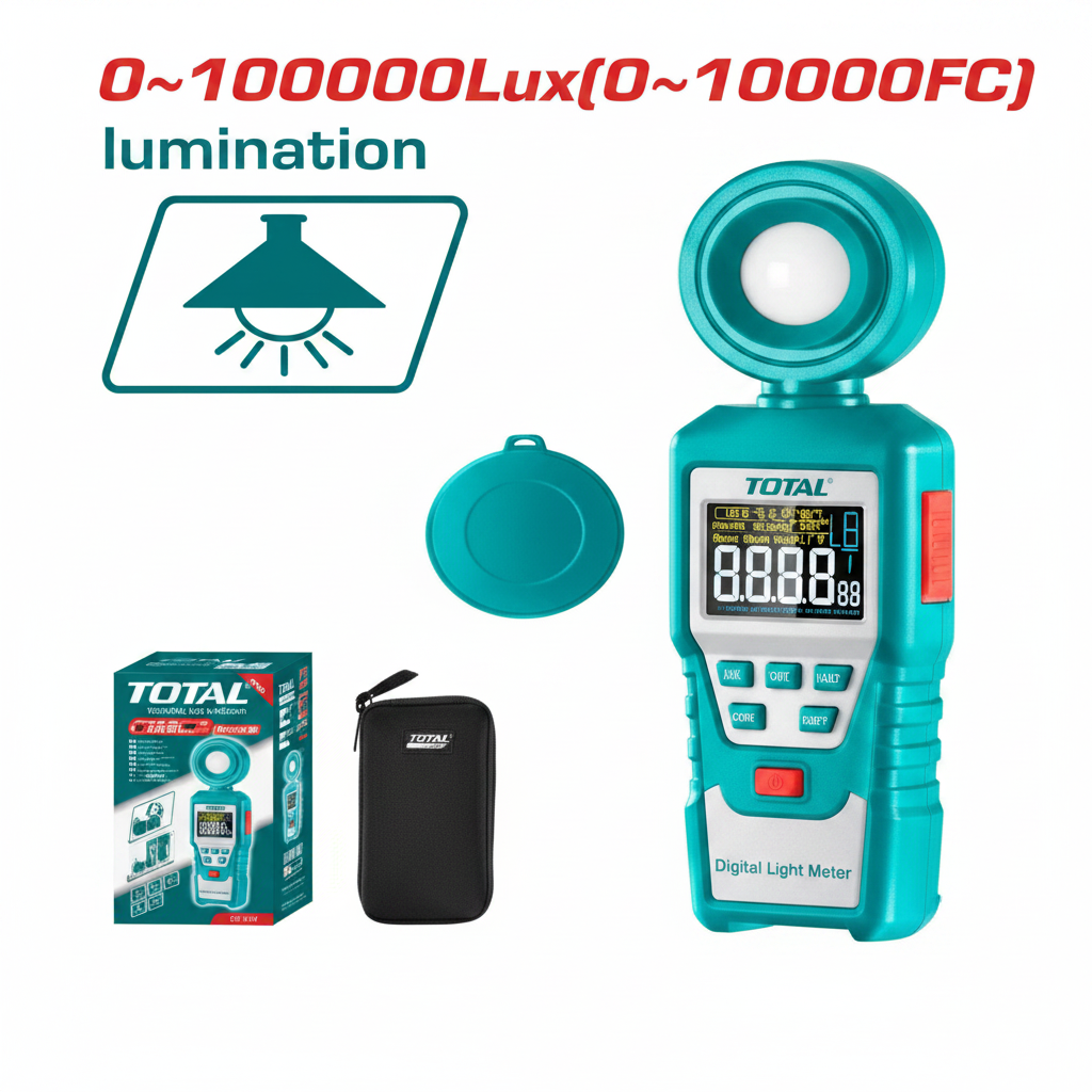TOTAL Digital Light Luxmeter TETLU01 with LCD display, sensor head, protective cap and carry case – Buy Light Meter in Karachi