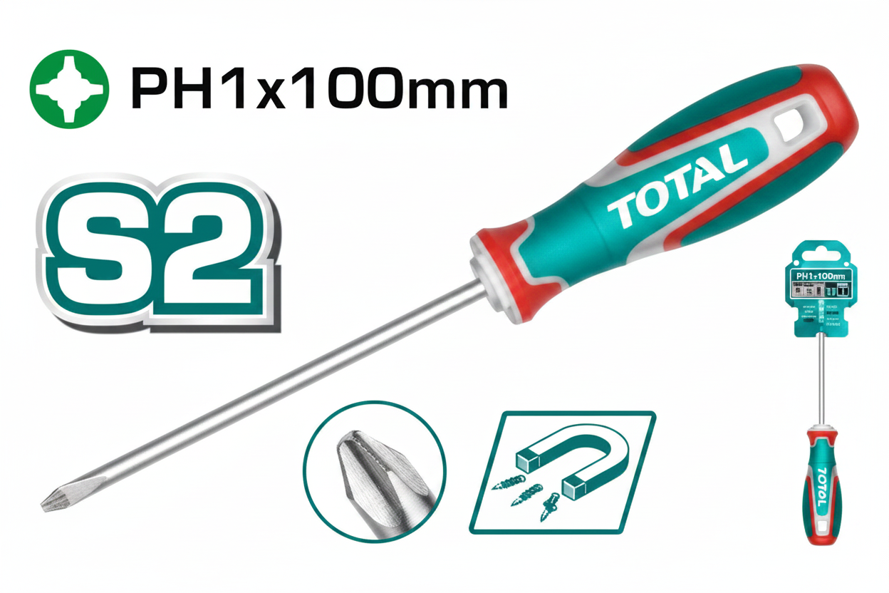 TOTAL Phillips Screwdriver PH1 100mm S2 Steel Magnetic Tip – Buy in Karachi | Offers Wala