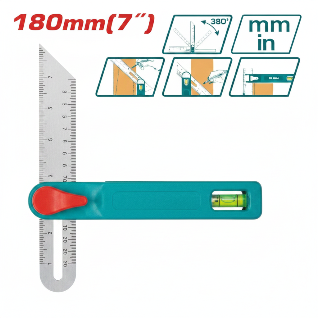 Total Angle Square TAHS181511 180mm (7 inch) Stainless Steel Sliding Bevel Protractor with Bubble Level – mm & inch scale – Buy in Karachi