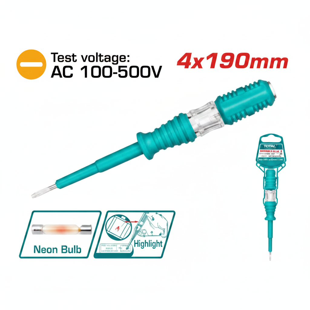 Total Test Pencil Voltage Tester THT291908 – AC 100-500V, 4x190mm Slotted Screwdriver with Neon Bulb Indicator | Buy in Karachi