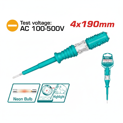 Total Test Pencil Voltage Tester THT291908 – AC 100-500V, 4x190mm Slotted Screwdriver with Neon Bulb Indicator | Buy in Karachi